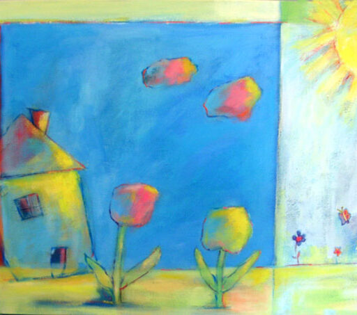 House & Flowers · Acrylic on Canvas · 18 × 24 in · Available