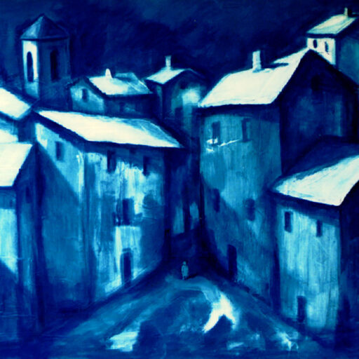 Moonlit Hill Town · Acrylic on Canvas · 24 × 48 in · Sold
