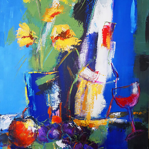 Wine and Flowers · Acrylic on Canvas · 30 × 20 in · Sold for $650